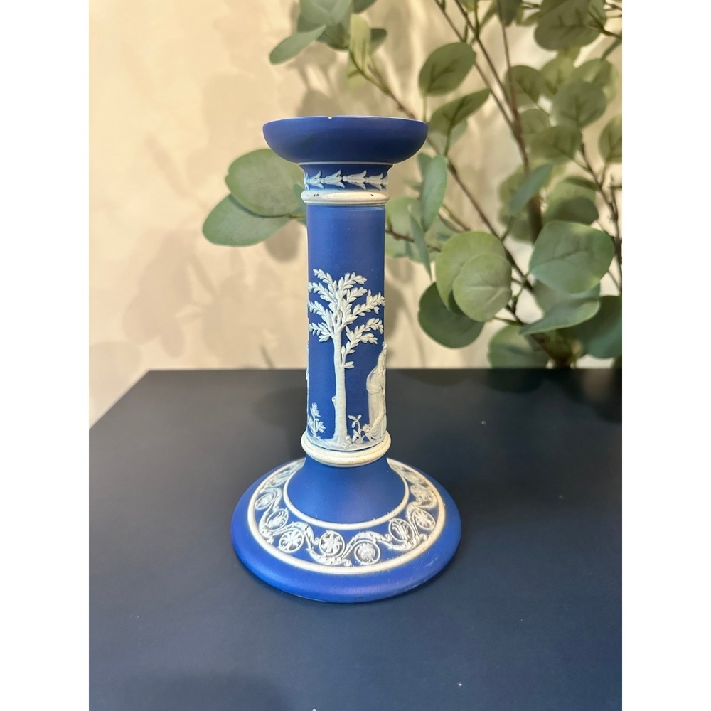 Wedgwood Dark Blue Jasperware Candlestick 7" England Country Elegance Timeless